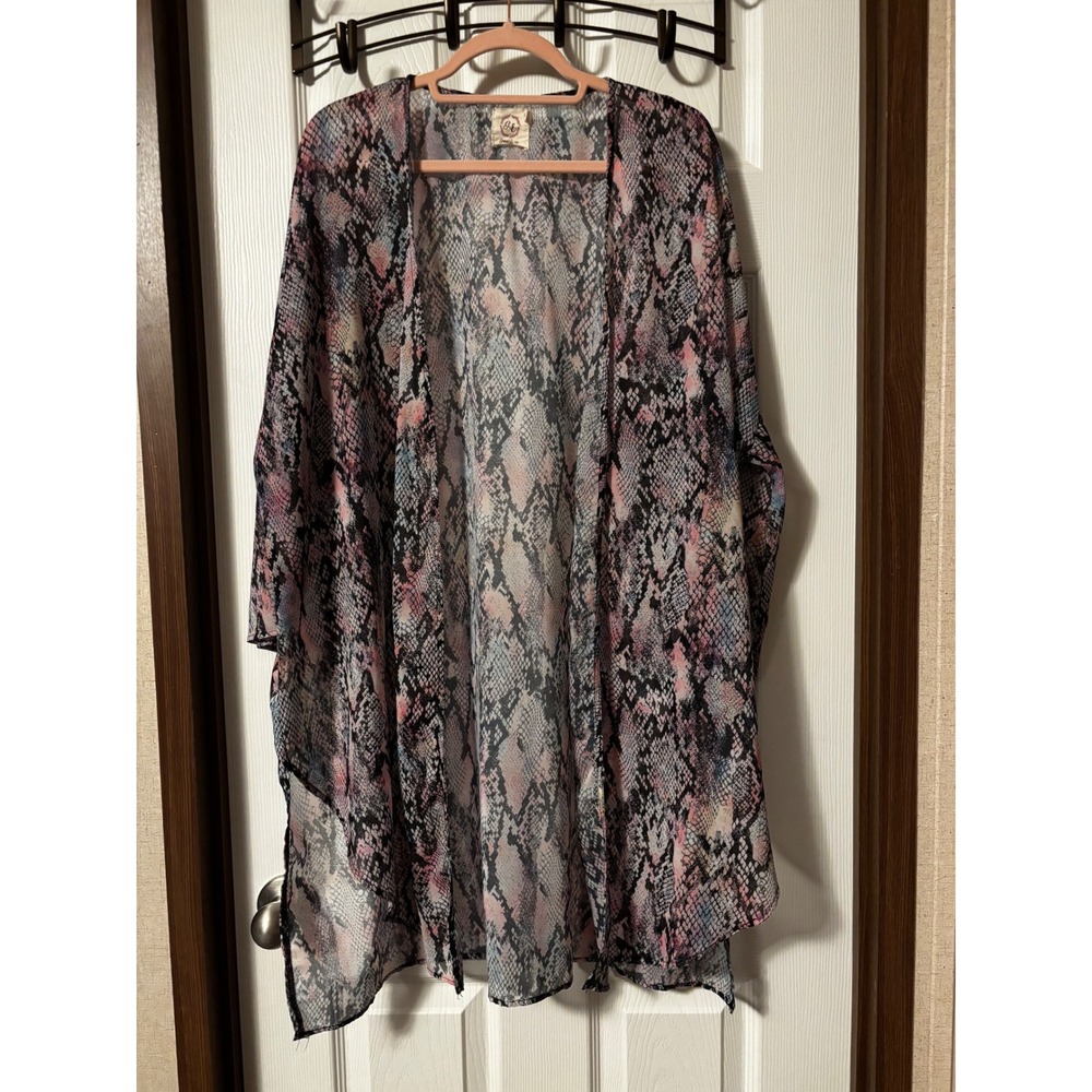 Grace & Emma Snakeskin Kimono Cardigan Pink Blue Animal Print Sheer XL/2XL